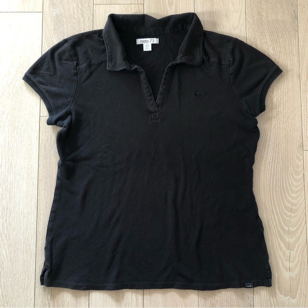 Roots Logo Embroidered Polo Shirt in Black Size L
